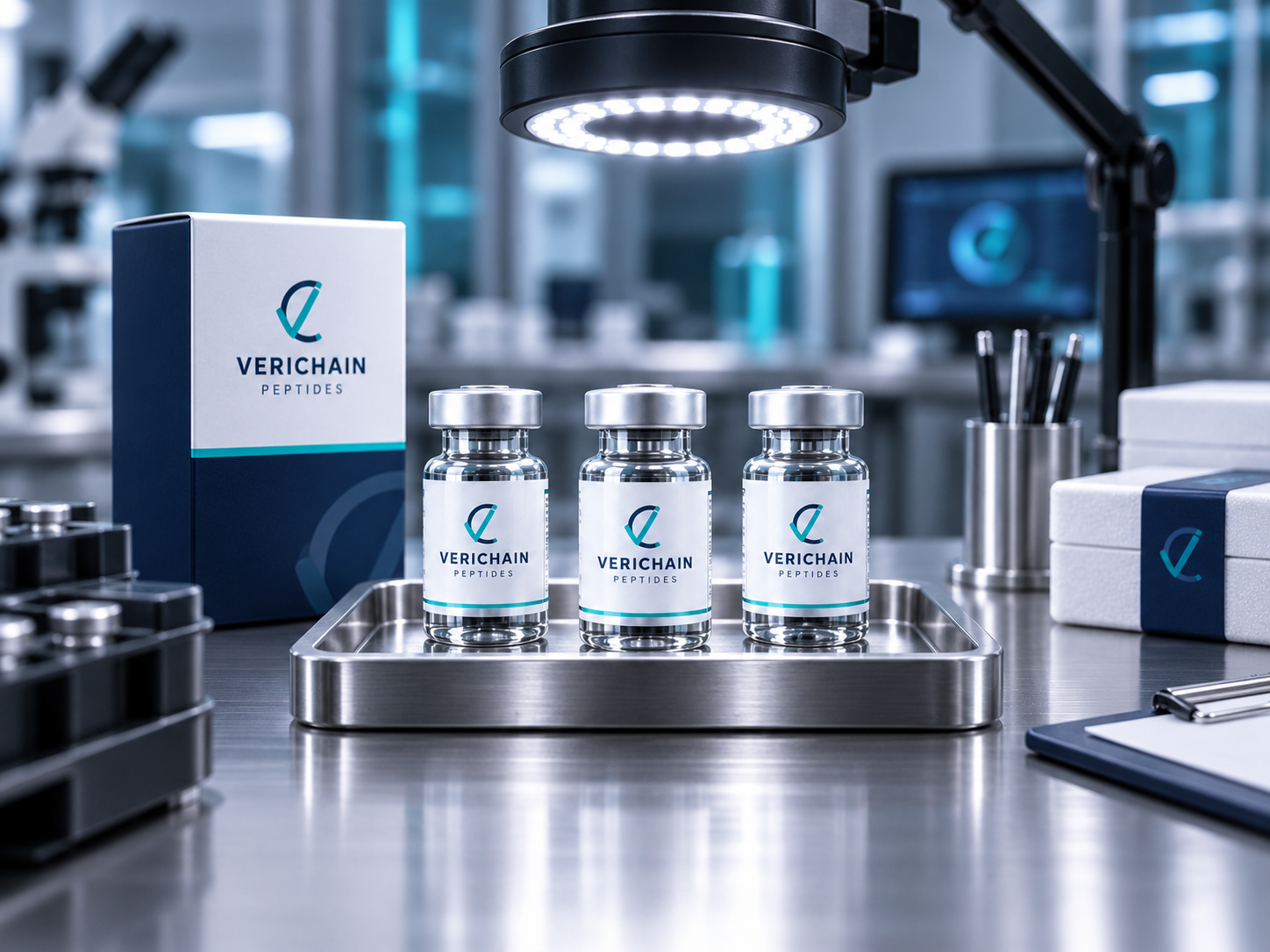 Laboratory scene showing three vials labeled Verichain Peptides on a stainless steel tray, with a box labeled Verichain Peptides in the background, and lab equipment and instruments in a high-tech laboratory setting.
