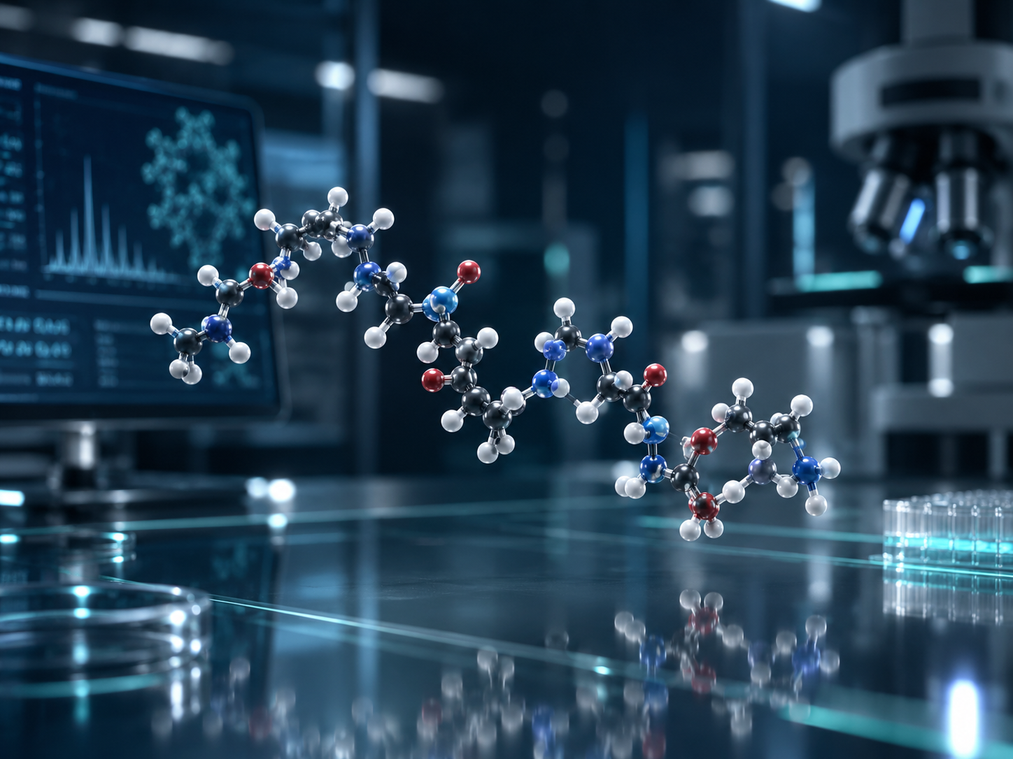 A digital rendering of a DNA molecule structure in a scientific laboratory setting, with a computer monitor displaying data and graphs in the background.