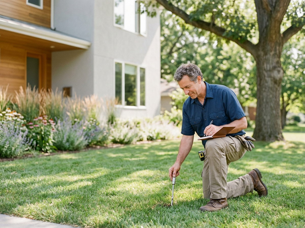 Man kneeling on grass and measuring soil with a tool, holding a clipboard, in a yard with trees and a modern house.