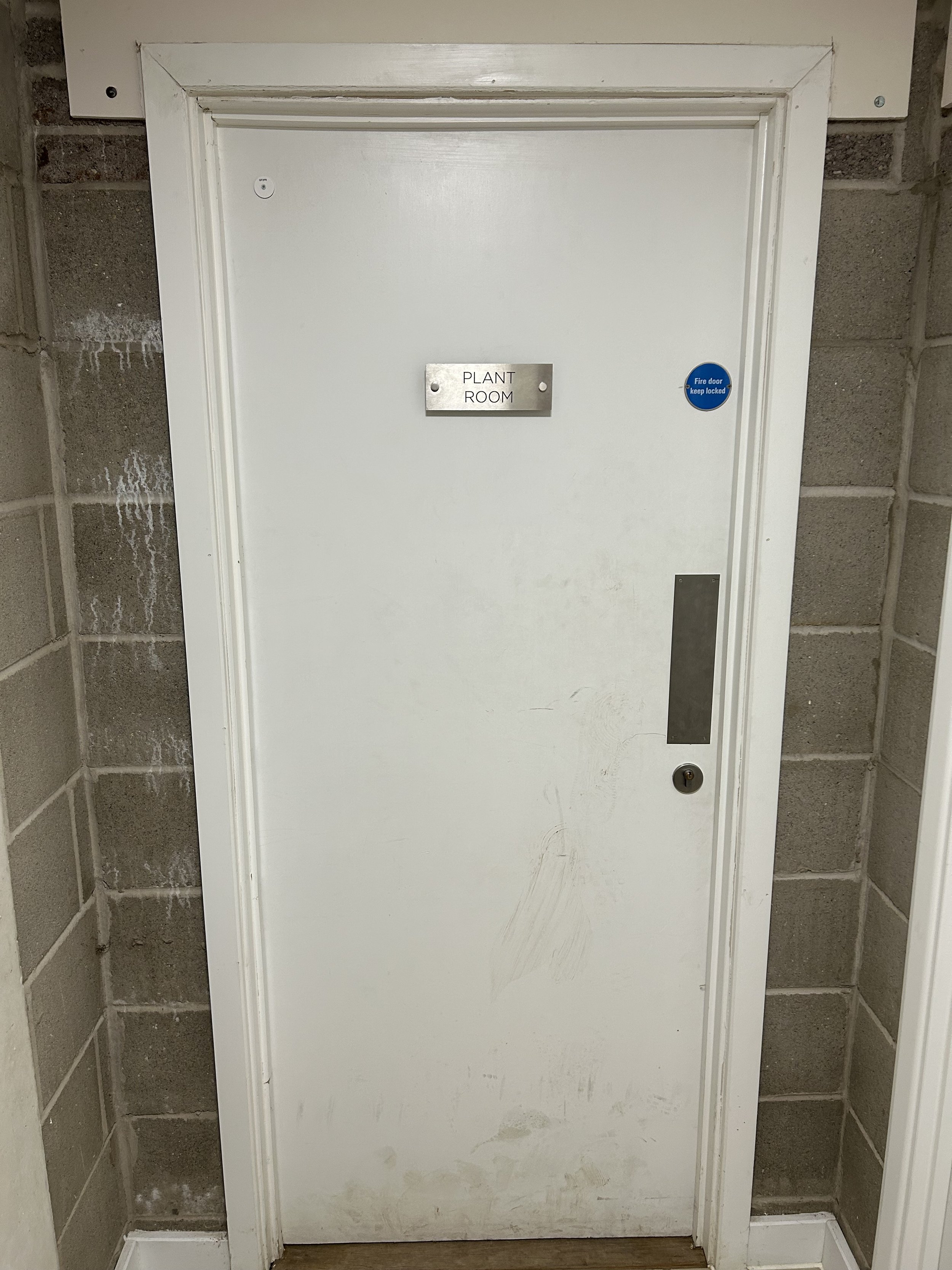 White fire door labeled “Plant Room” set in a gray cinder-block wall.