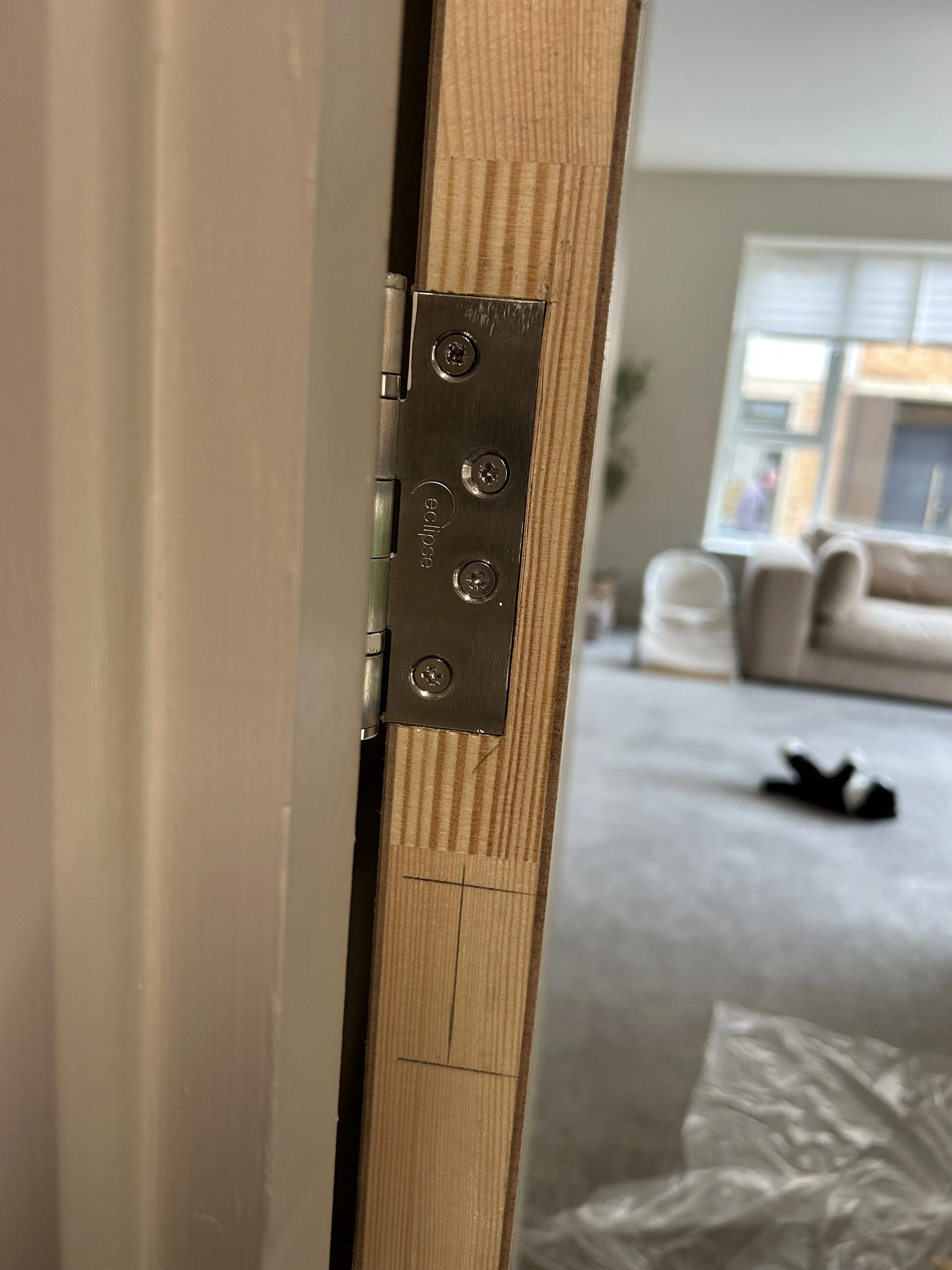 Close-up of a metal Eclipse door hinge mounted on a wooden door frame, with a blurred room visible beyond.