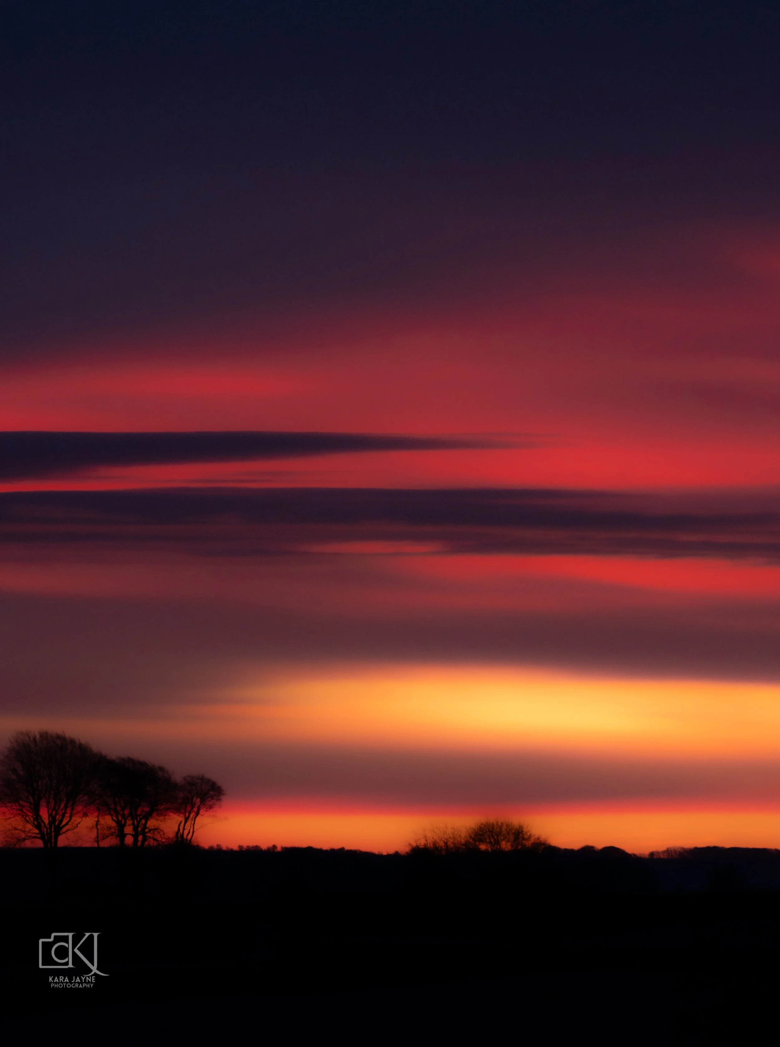 A sunset over a landscape with silhouettes of trees in the foreground and a sky filled with shades of purple, pink, orange, and yellow.