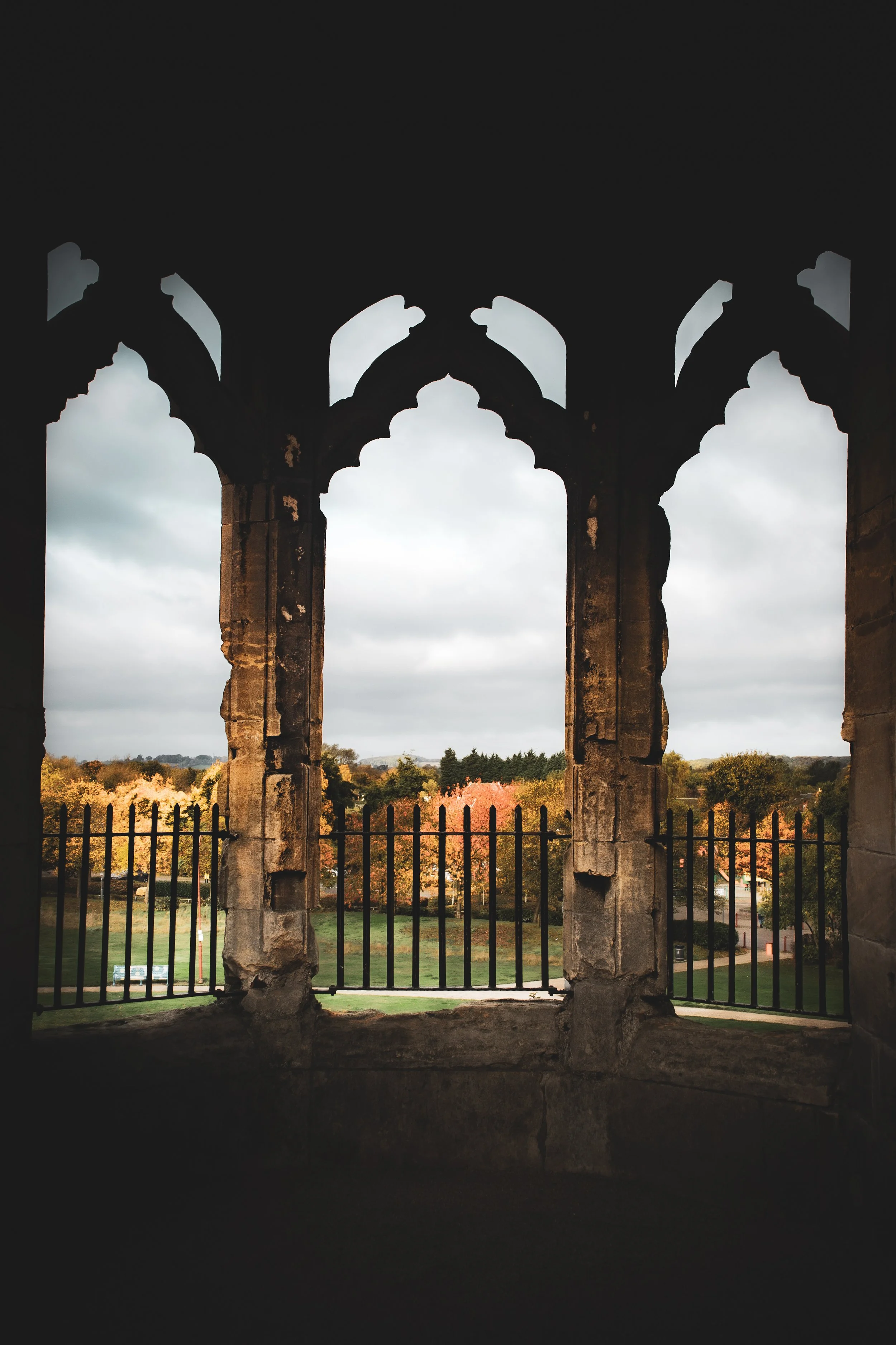 View from a Gothic window opening overlooking a landscape with trees and a cloudy sky.