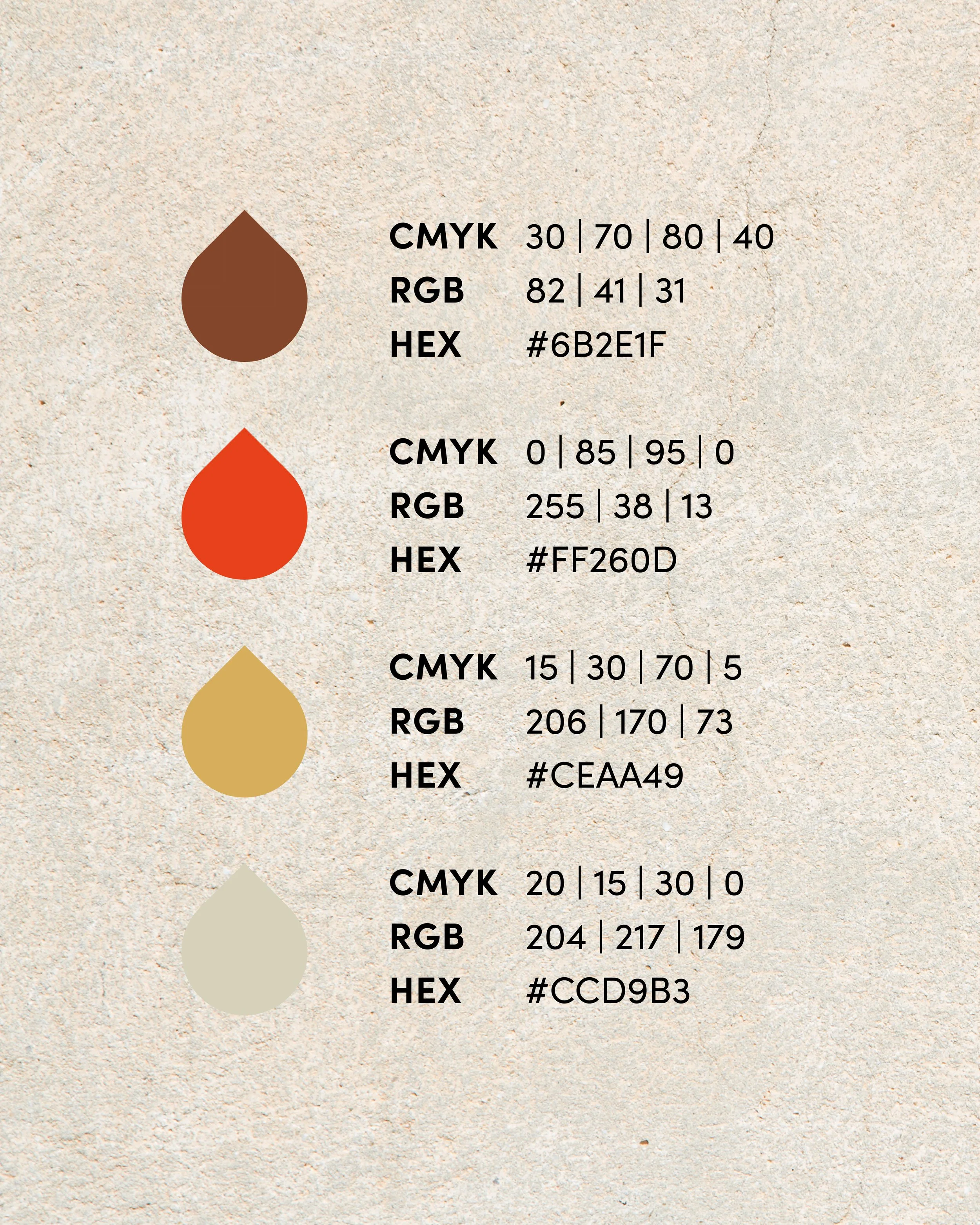 Drei Farbkreise mit spezifischen Farbwerten in CMYK, RGB und HEX, jeweils mit einer Farbprobe und Farbinformationen als Teil des Corporate Design.