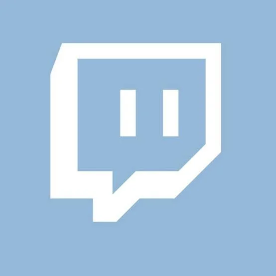 Twitch logo with a white speech bubble and a stylized face on a light blue background.