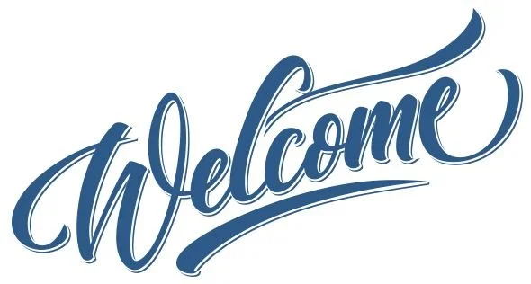 Stylized blue script text that says "Welcome".