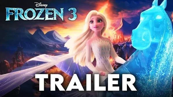 Poster for Disney's Frozen 3 trailer featuring Elsa with long blonde hair, ice castle, mountain landscape, and snowy background.