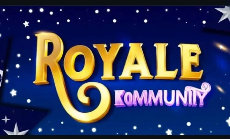 Logo for Royale Kommmunity, featuring gold and pink text on a starry blue background.