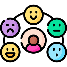 Six colorful cartoon faces showing different emotions: happy, sad, angry, surprised, confused, and joyful.