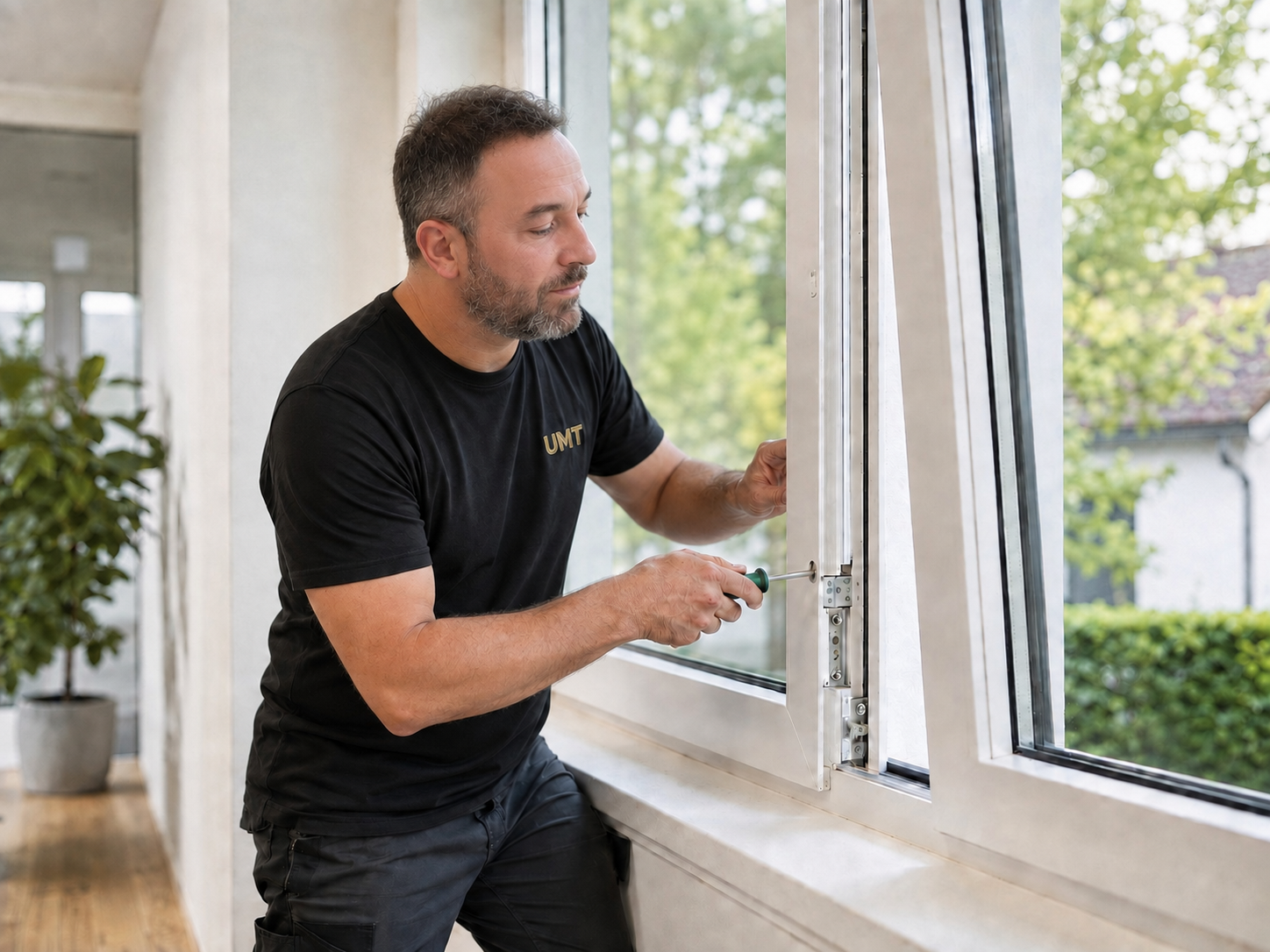 Ein Handwerker repariert ein großes Fensterelement im Innenraum, trägt ein schwarzes T-Shirt mit der Aufschrift "UMT" und benutzt ein Schraubenzieher.