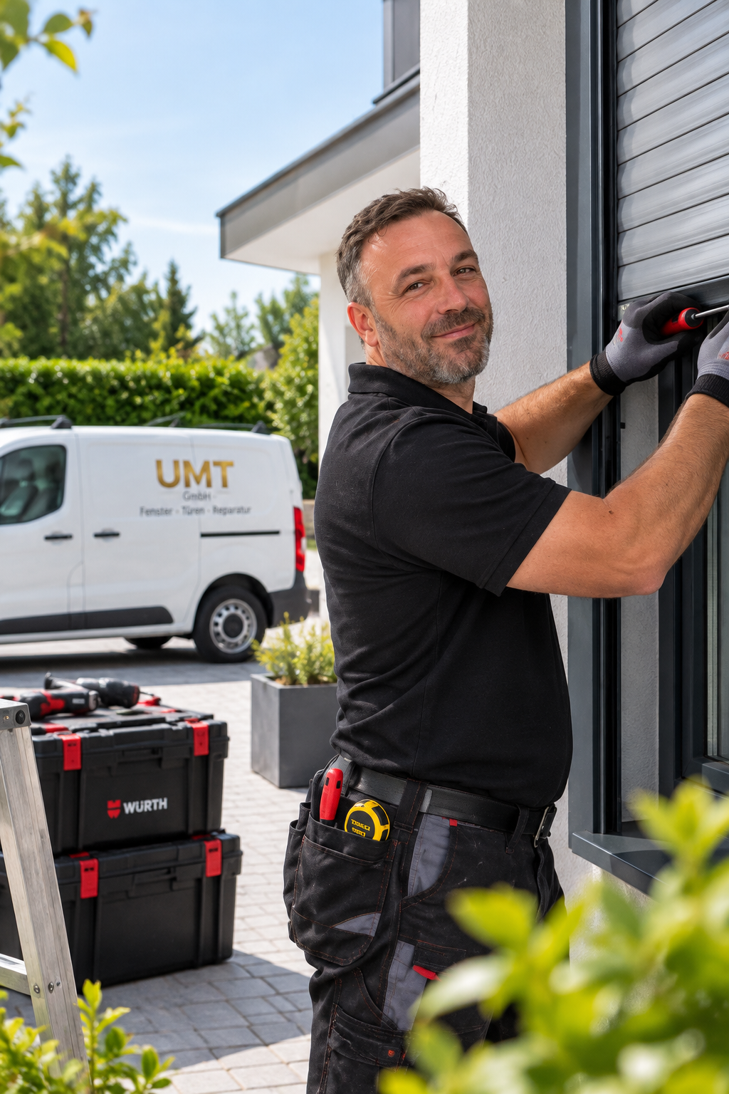 Handwerker bei der Arbeit an einem Fenster mit Schraubenzieher, neben Werkzeugkoffer, im Freien, mit einem Firmenwagen im Hintergrund.