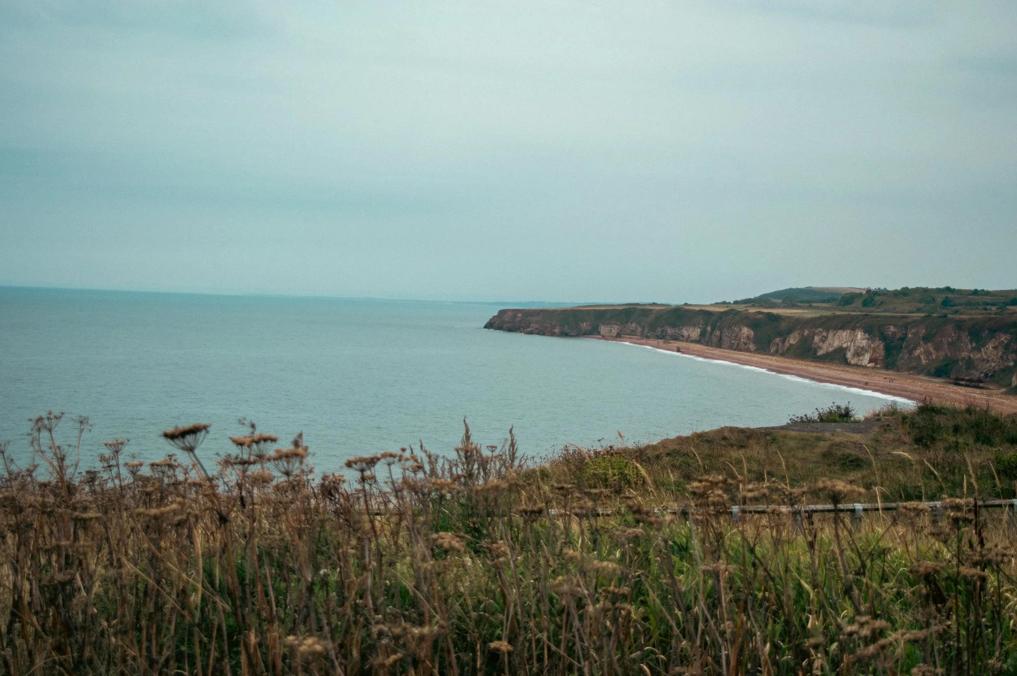 Coastal landscape with a view of the ocean, cliffside, grassy terrain, and cloudy sky.