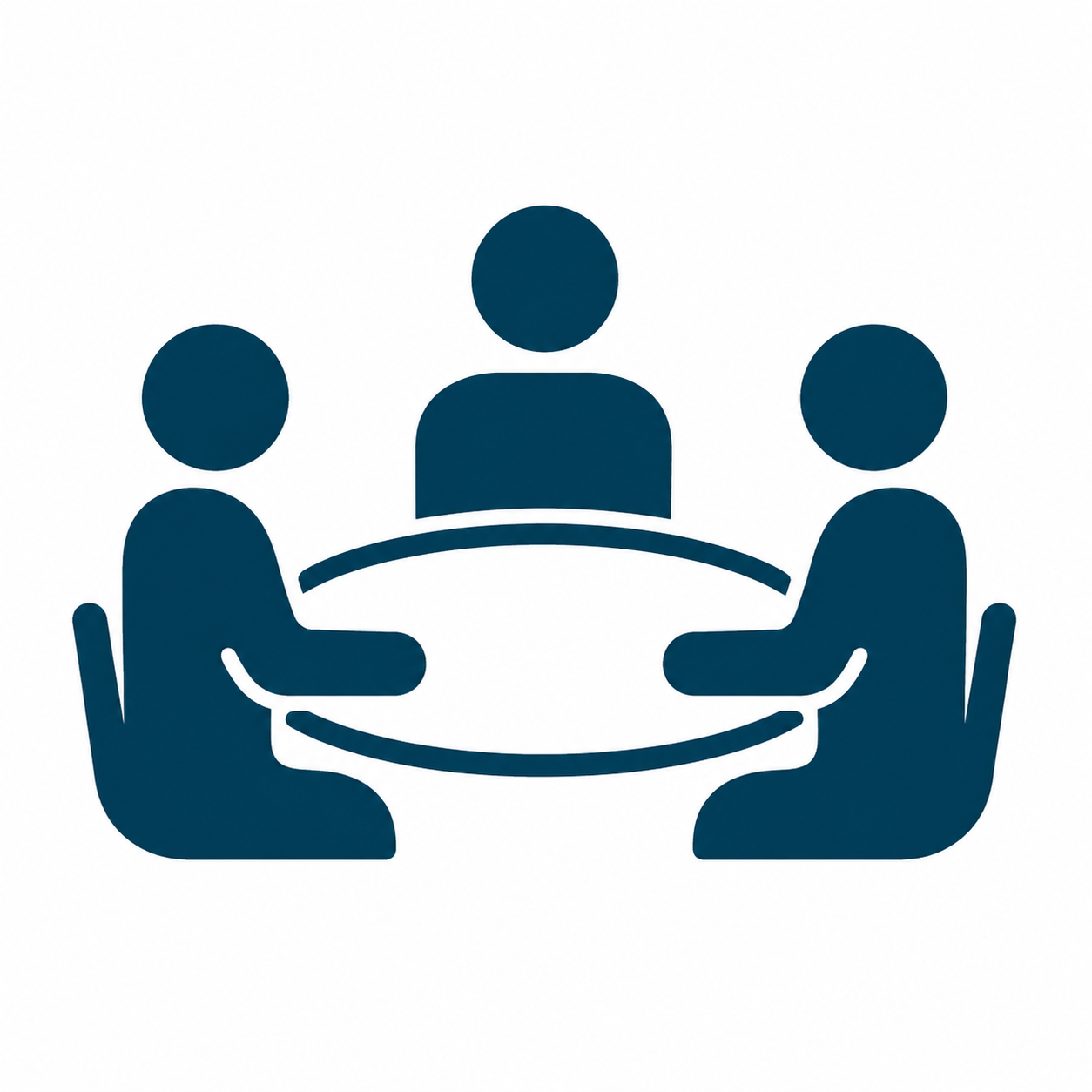 Icon of three people sitting around a round table, symbolizing a meeting or discussion.