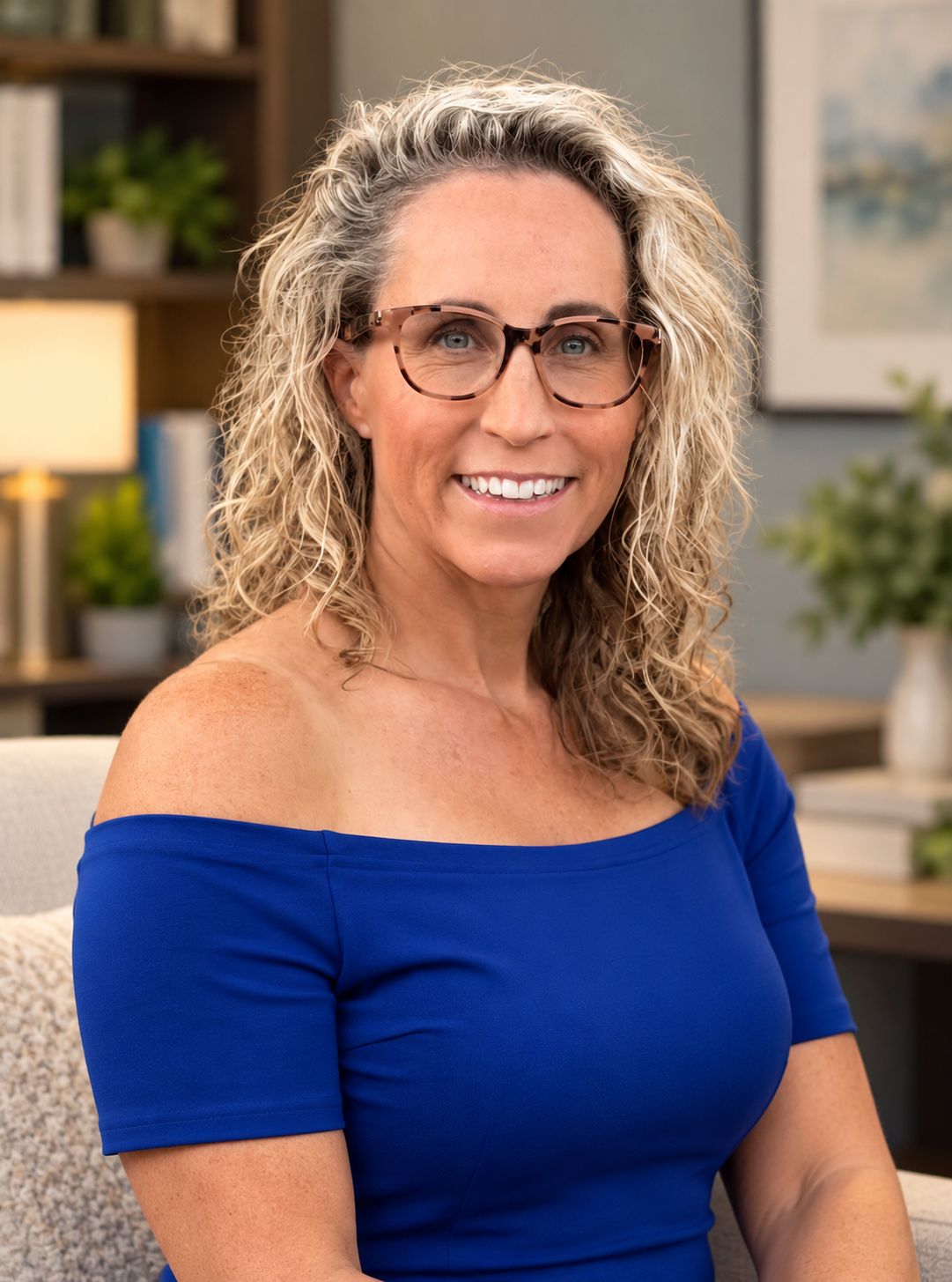 A woman with curly blonde hair wearing glasses and a blue off-the-shoulder top sitting in a well-lit room with bookshelves and plants in the background.