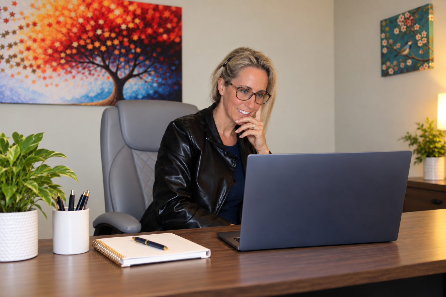 A woman sitting at a wooden desk, working on a laptop, with a notebook, pen, and plants on the desk, in a home office setting.