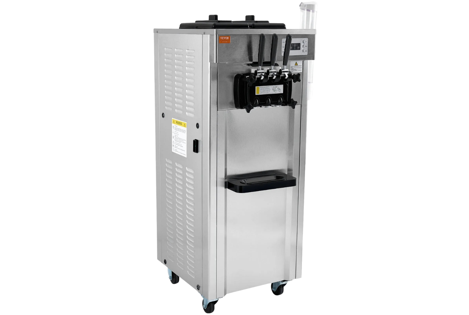 Machine pour faire des glaces ou des sorbets industrielles en acier inoxydable avec poignées pour la manipulation et porte-surveillance digitale.