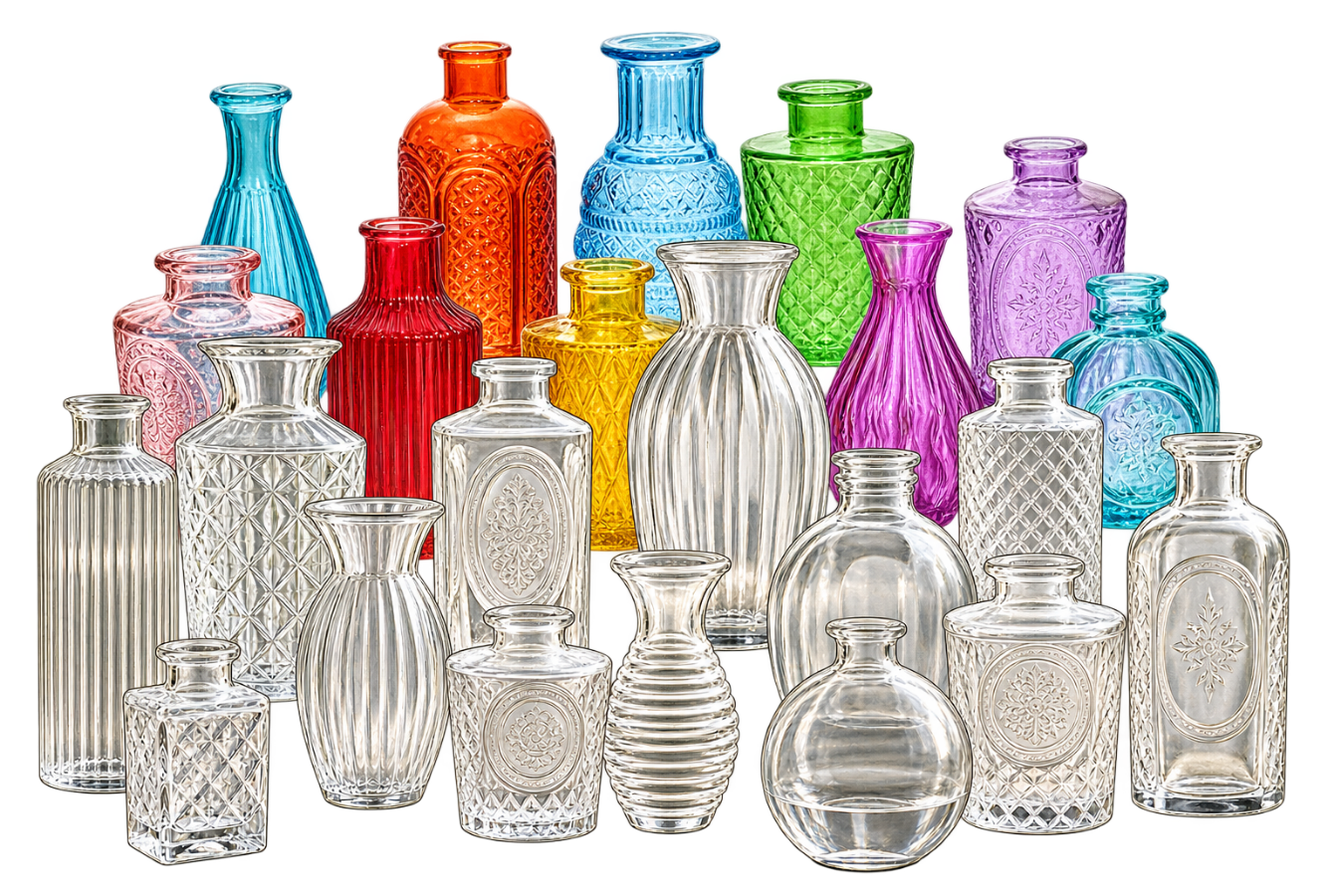 Une collection de bocaux en verre colorés et transparents de différentes formes et tailles, certains avec des motifs gravés ou en relief.