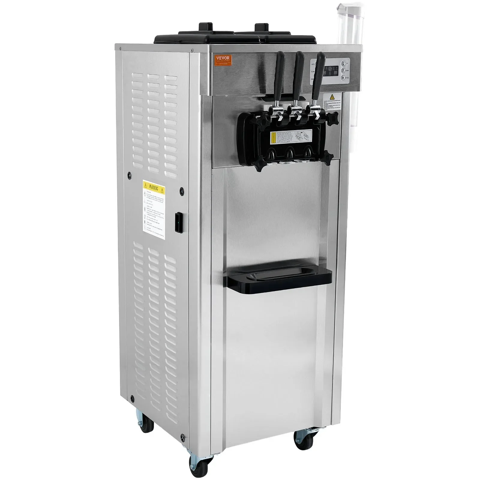 Machine de crème glacée en acier inoxydable avec trois poignées de distribution, un écran de contrôle, une cuve à glace transparente à l'arrière, et casters pour la mobilité.