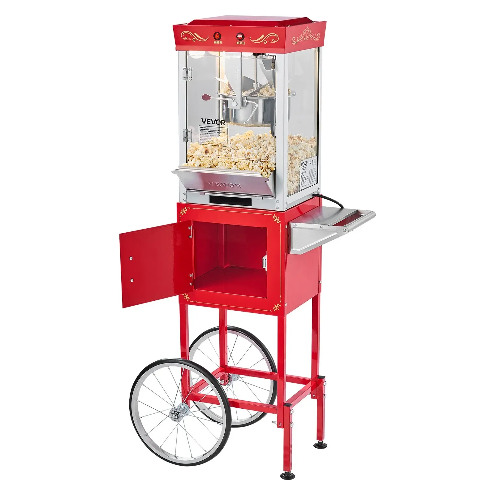 Une machine à popcorn rouge avec un compartiment pour faire du popcorn, deux grands roues, un plateau pour servir, et un rangement fermé en dessous.