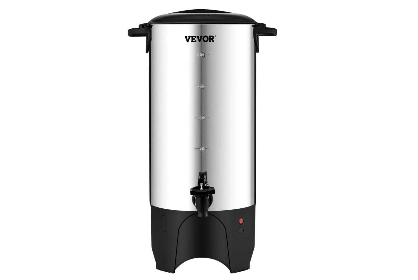 Distributeur de boissons chaudes de marque VEVOR avec un réservoir en acier inoxydable, affichant des marques de mesure en millilitres, un robinet pour servir, un bouton d'alimentation rouge, et une base noire