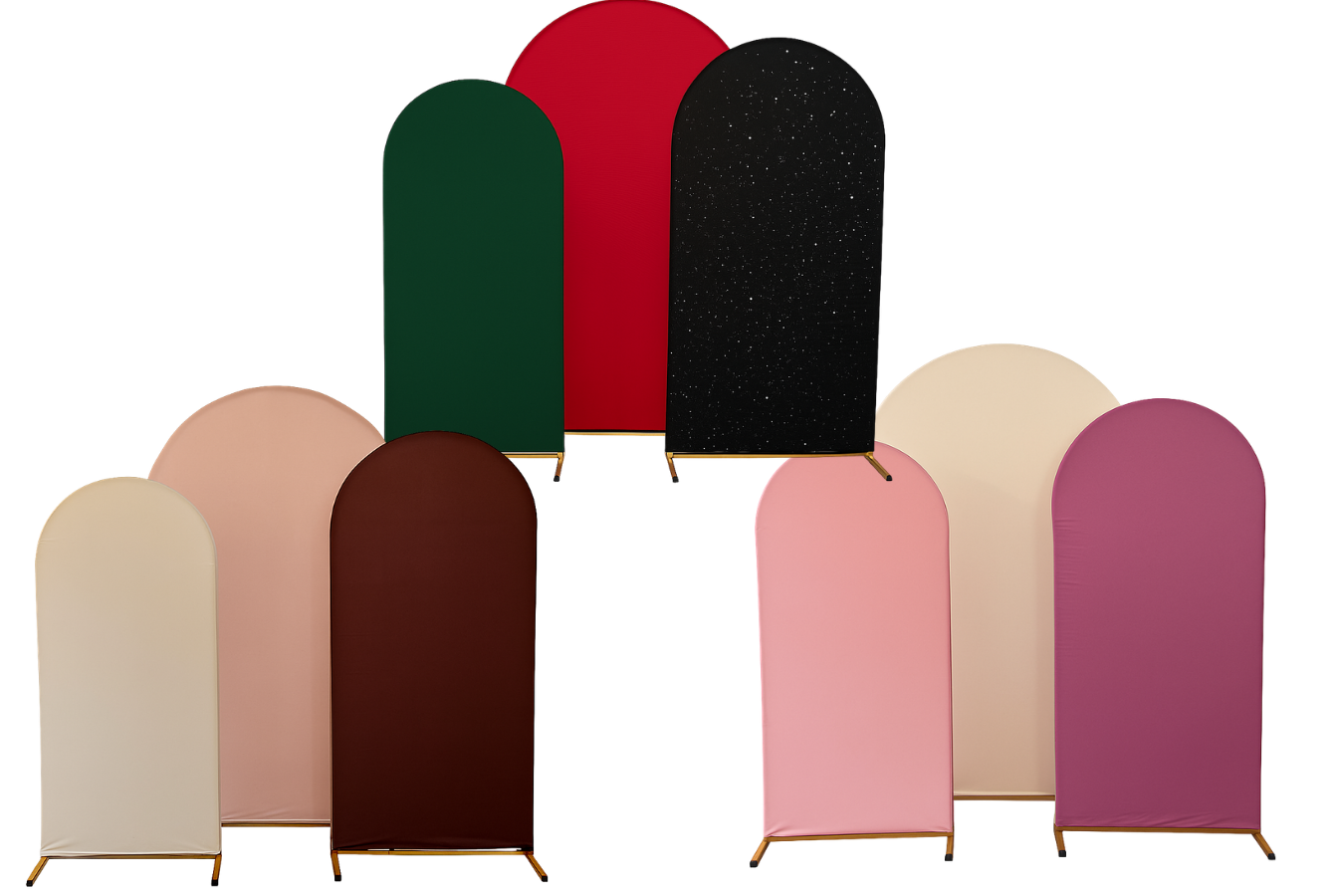 Une collection de panneaux ou écrans décoratifs de différentes couleurs pastel et foncées, avec des formes arrondies, disposés en deux rangées.