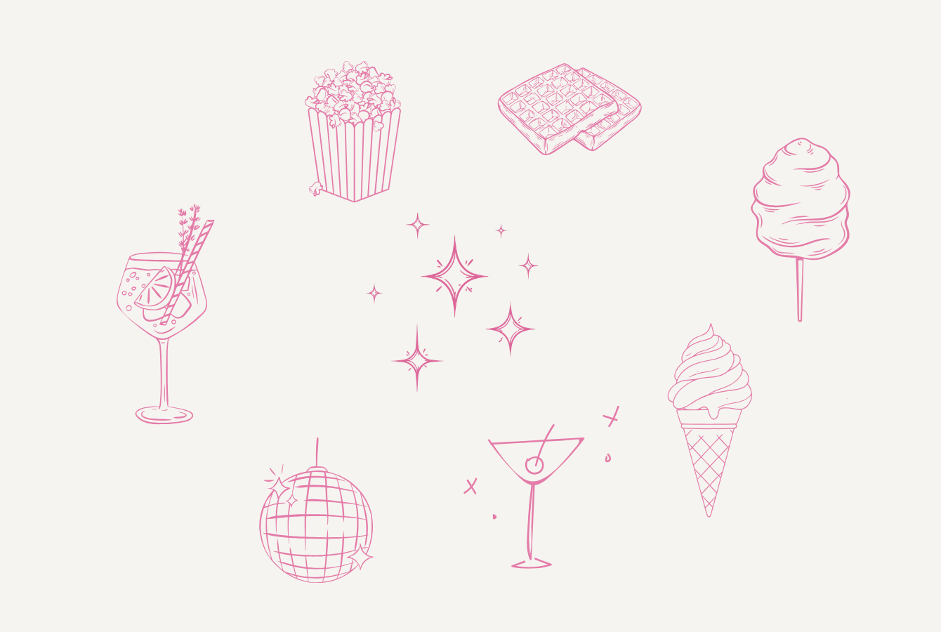 Illustration minimaliste en ligne rose de divers objets liés aux fêtes et aux loisirs, comme un pop-corn, une gaufrerie, une glace, un cocktail, un disque de danse, un martini, une barbe à papa, et des étoiles scintillantes.