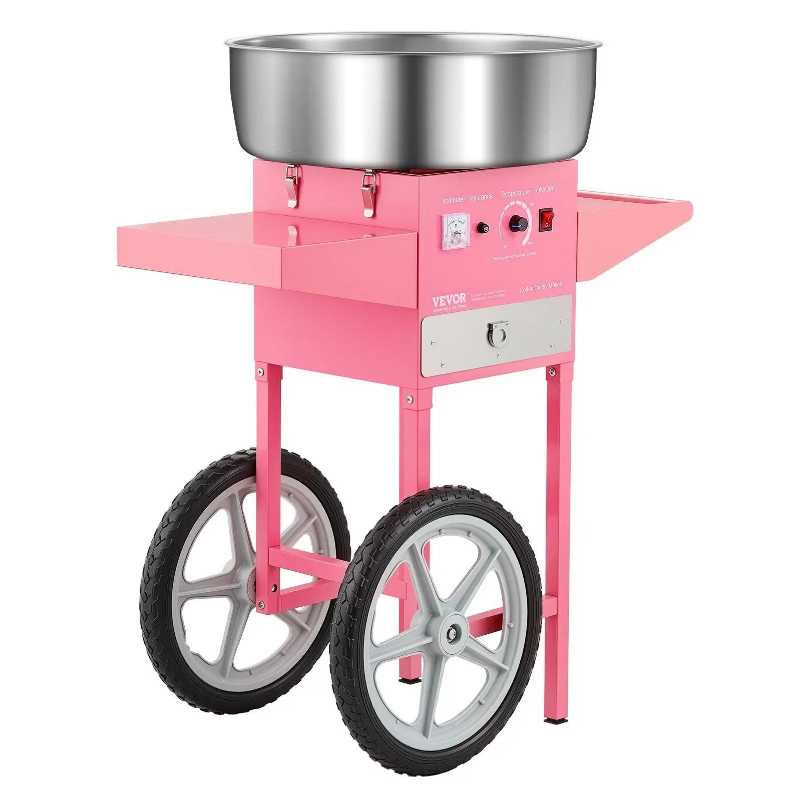 Machine à sucre d'orge rose avec un grand récipient en acier inoxydable sur le dessus, deux grandes roues en plastique gris avec pneus noirs, et un panneau de contrôle avec interrupteur et boutons.