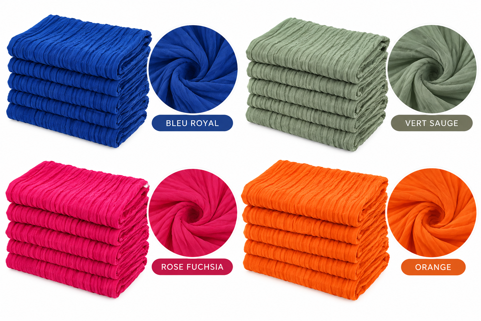 Quatre piles de textiles colorés, chacun avec une étiquette de couleur associée. En haut à gauche, une pile de tissu bleu royal avec un cercle de tissu en spirale et l'étiquette 'BLEU ROYAL'. En haut à droite, une pile de tissu vert sauge avec un cercle de tissu en spirale et l'étiquette 'VERT SAUGE'. En bas à gauche, une pile de tissu rose fuchsia avec un cercle de tissu en spirale et l'étiquette 'ROSE FUCHSIA'. En bas à droite, une pile de tissu orange avec un cercle de tissu en spirale et l'étiquette 'ORANGE'.