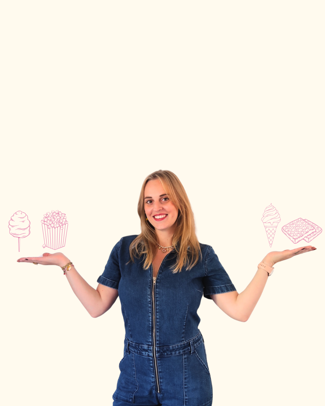 Jeune femme souriante avec deux mains levées, illustrant des desserts tels qu'une sucette, du pop-corn, une glace à l'italienne et des gaufres en ligne dessinée.