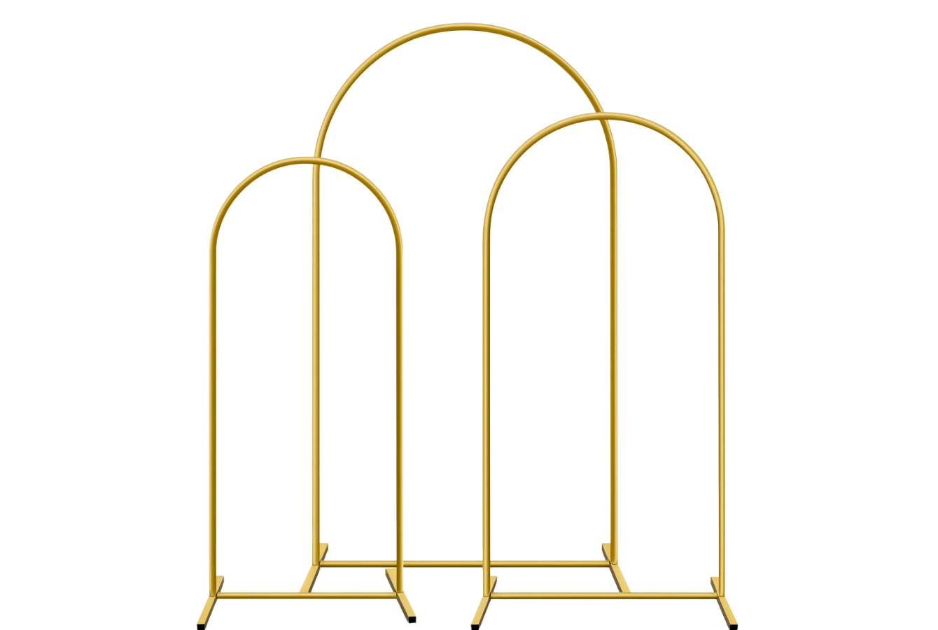 Une cloison décorative avec quatre volets en forme d'arc, en différentes couleurs beige, blanc, vert olive et orange, encadrés de cadre en métal doré.