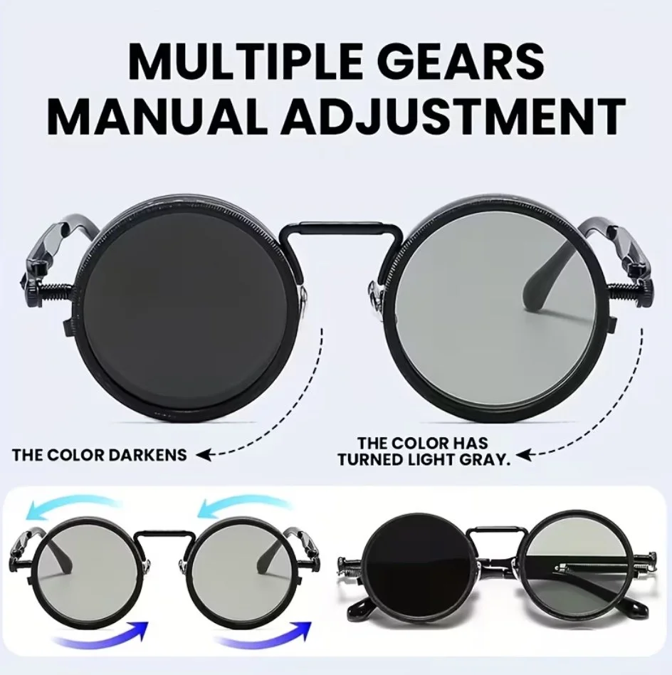 Diagram explaining how sunglasses with multiple gears and manual adjustment change lenses from dark to light gray, showing the process of darkening the lenses and turning them light gray through manual adjustments.