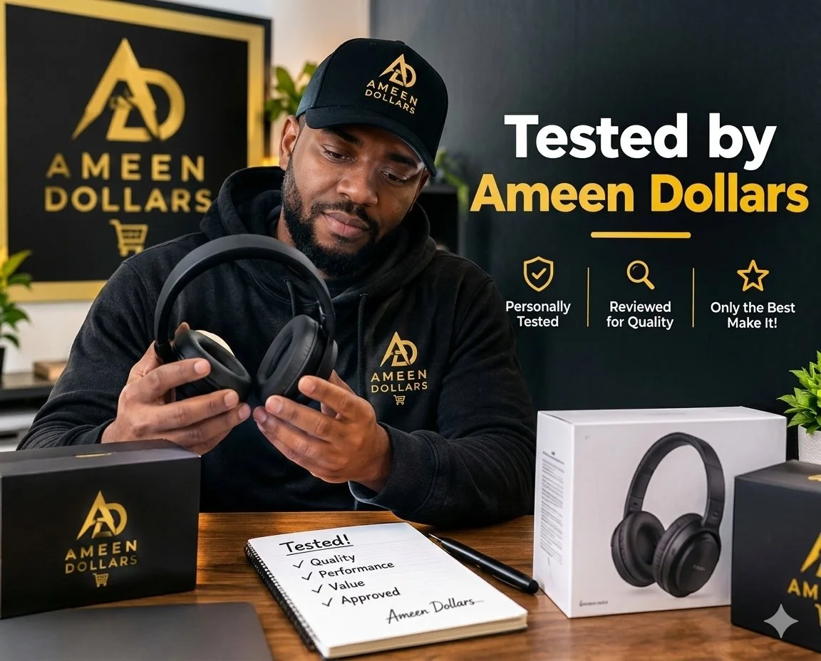 A man is examining black over-ear headphones at a desk, with branding for Ameen Dollars visible on his cap and jacket. The background has a sign with the company's logo and the words "Tested by Ameen Dollars." On the desk, there are product boxes, a notebook with checkmarks next to qualities like "Quality" and "Performance," and a pen.