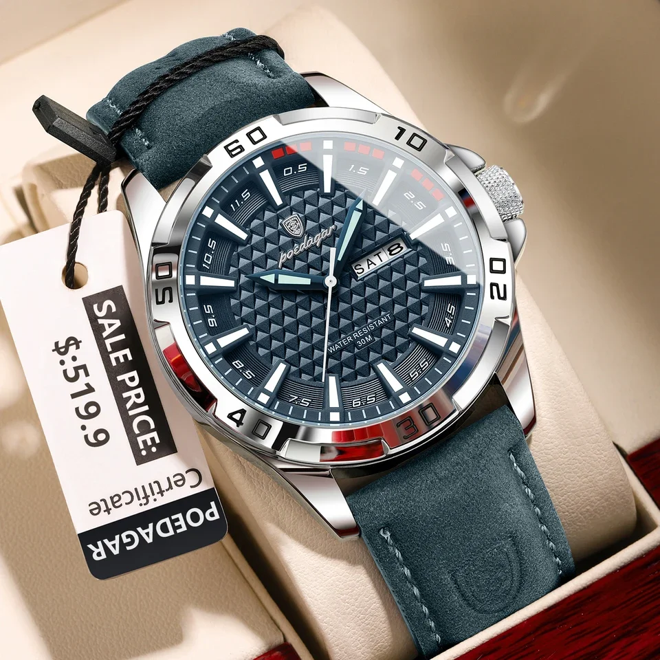 A men's wristwatch with a blue textured dial, silver bezel, and blue leather strap, displayed on a beige cushion with a price tag showing $19.9 and a discount label.