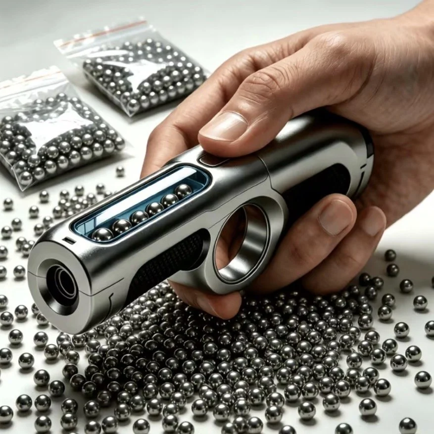 A person holds a futuristic gun-like device over a surface covered with metallic balls, with plastic bags of metallic balls in the background.