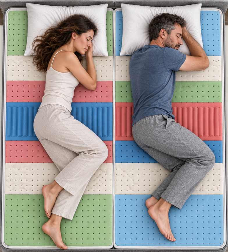 Une femme et un homme dorment chacun sur un matelas avec des matelas colorés en segments vert, beige, rouge, bleu et blanc, positionnés côte à côte, dans une position similaire.
