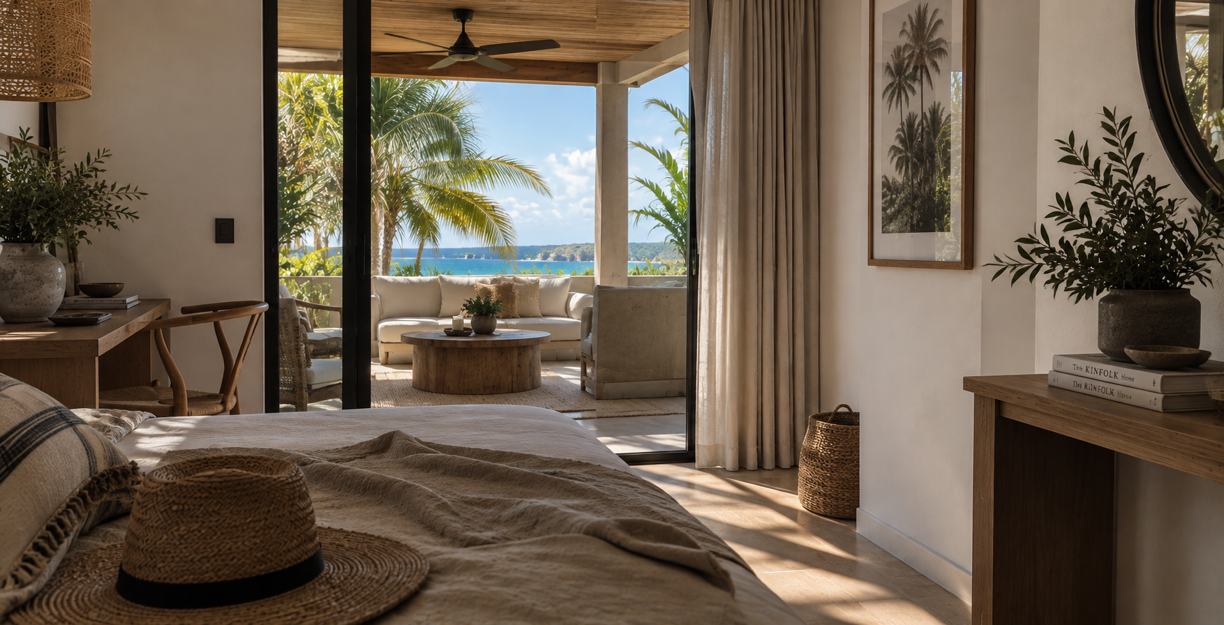 Interior of a bedroom with a view of a tropical outdoor patio and ocean through sliding glass doors. The room has a bed with linen, a straw hat on the bed, a wooden desk with plants and books, and framed pictures on the wall.
