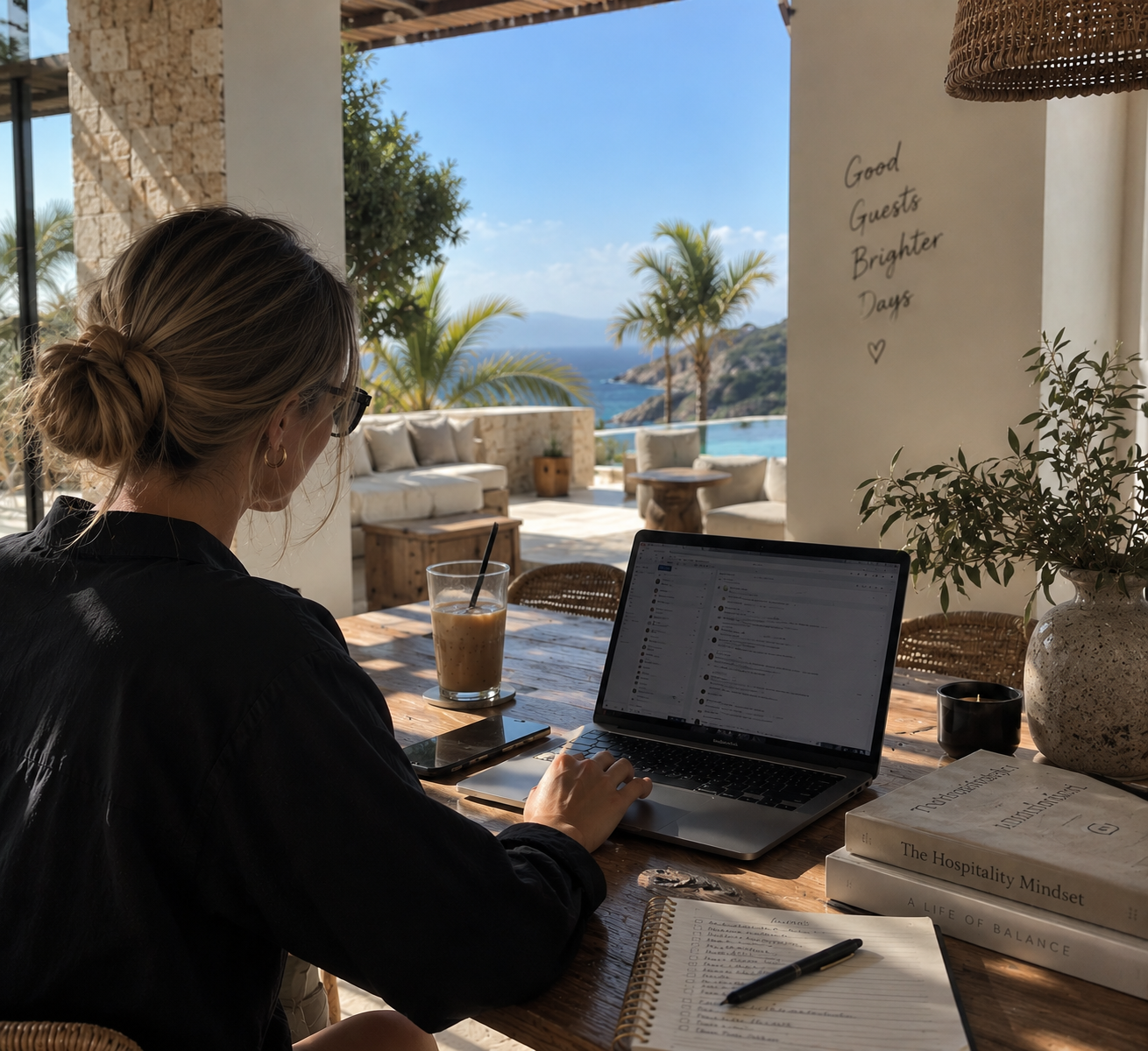 A woman working on a laptop at a rustic wooden table in a tropical outdoor setting, with a view of palm trees, a blue sky, and the ocean in the background. She has a iced coffee, a notebook, and books on hospitality and balance on the table, with a sign on the wall reading 'Good Guests Brighter Days'.