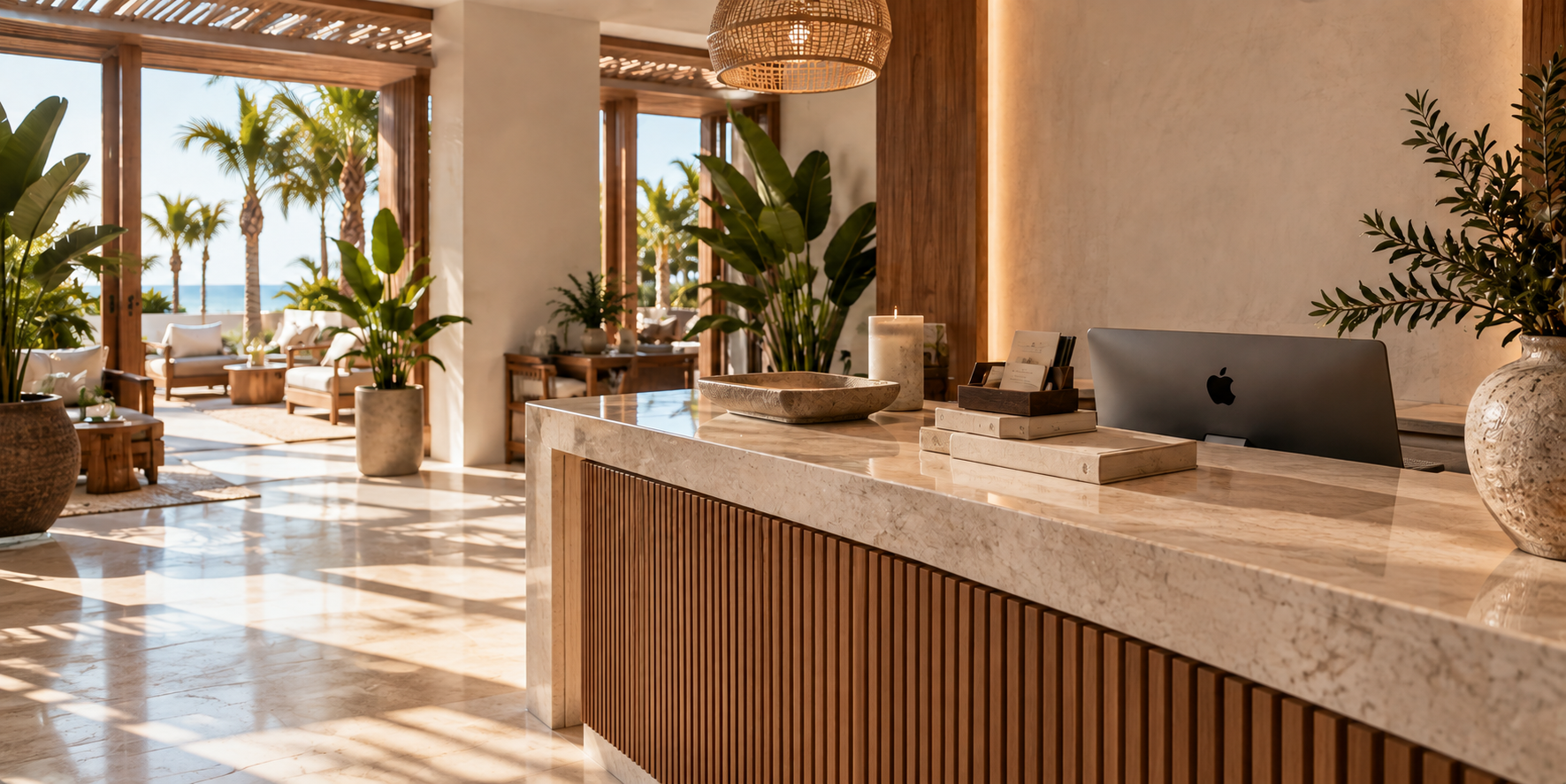 Modern hotel lobby with a marble reception desk, indoor plants, and outdoor seating with palm trees and ocean view