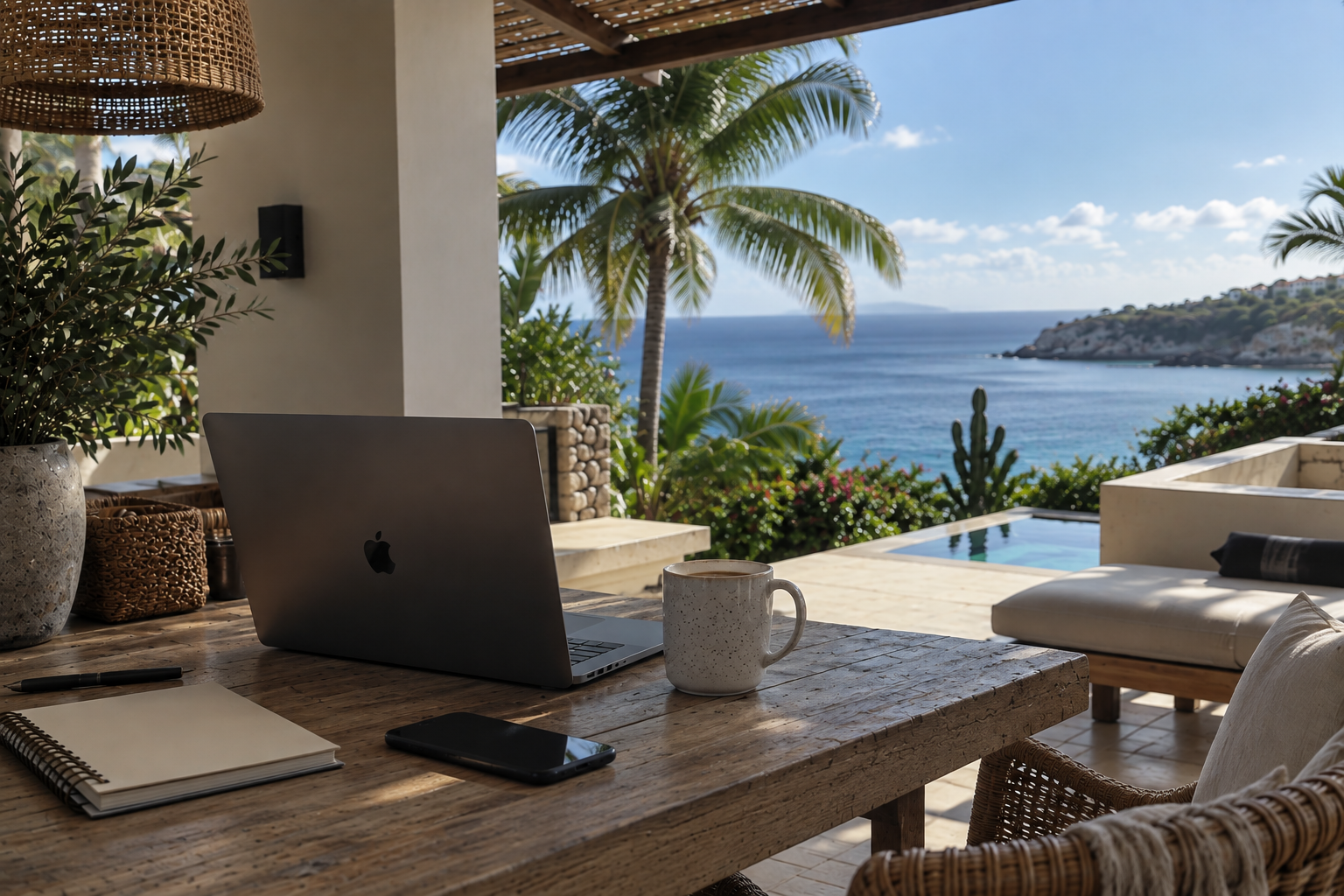 An outdoor workspace with a laptop, notepad, pen, and coffee mug on a rustic wooden table, overlooking a tropical ocean view with palm trees, lush greenery, and a distant hillside.