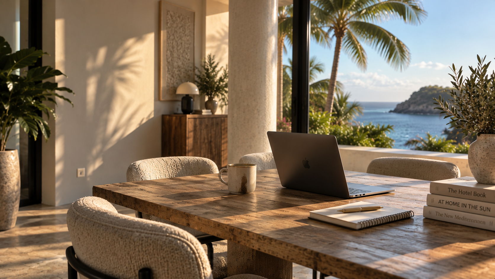 A cozy indoor workspace with a wooden table, surrounded by upholstered chairs, overlooking a tropical ocean view through large glass windows, decorated with potted plants and books.