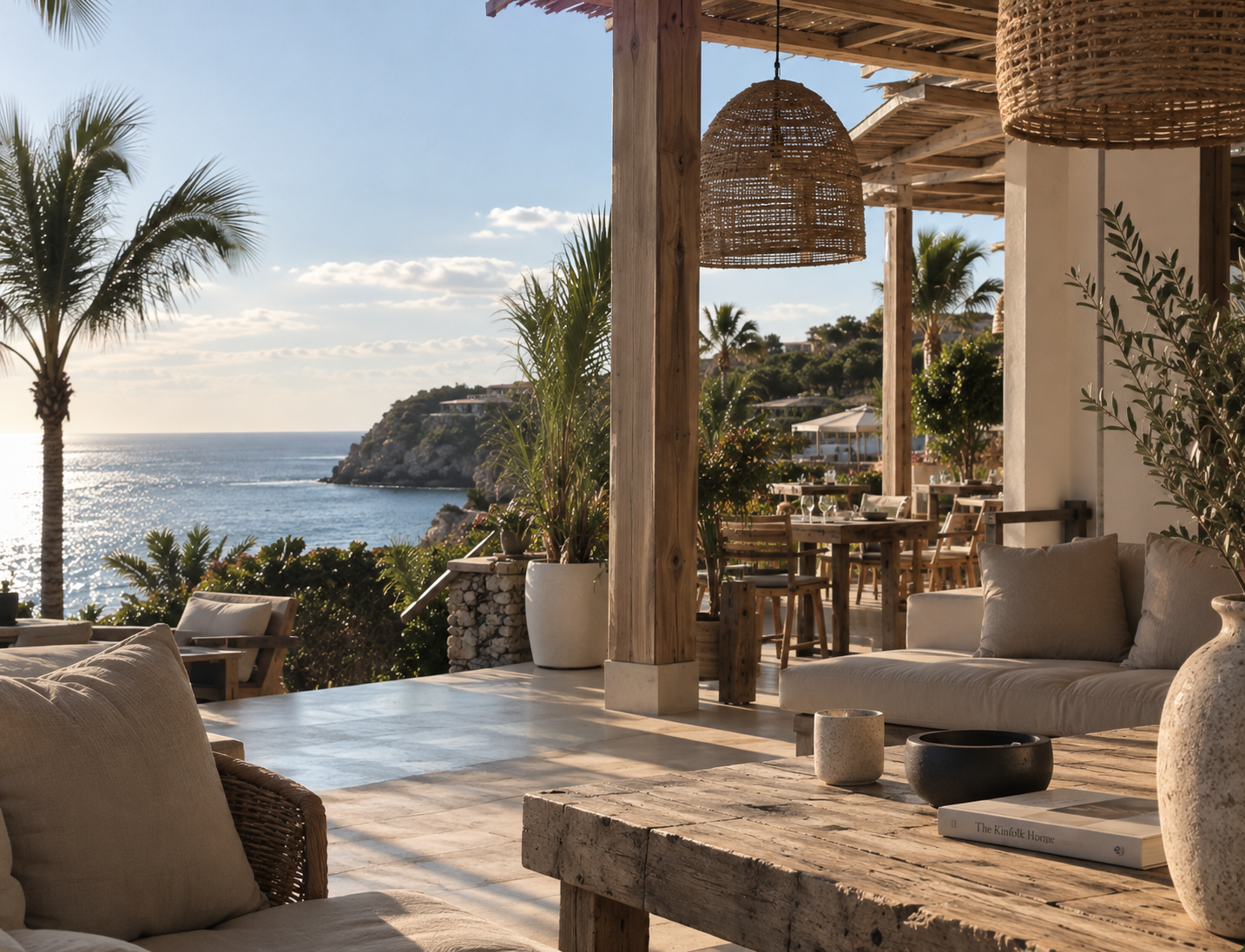 A coastal outdoor lounge area with wooden furniture, cushions, potted plants, and woven hanging lamps, overlooking the ocean and a rocky shoreline with palm trees and houses in the distance during sunset.