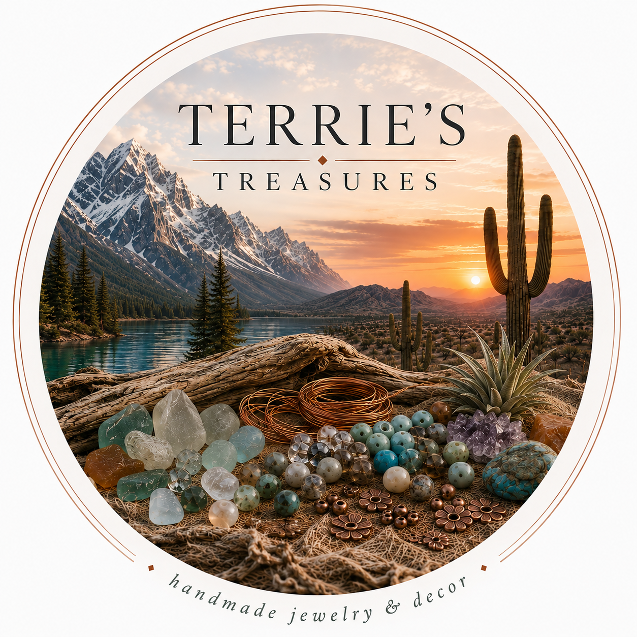 A logo featuring a mountain landscape with a lake, pine trees, and a desert scene with cacti at sunset. In the foreground, there are various handmade jewelry pieces, including beads, wire rings, and flower-shaped metallic accessories. The text reads "Terrie's Treasures" and "handmade jewelry & decor."