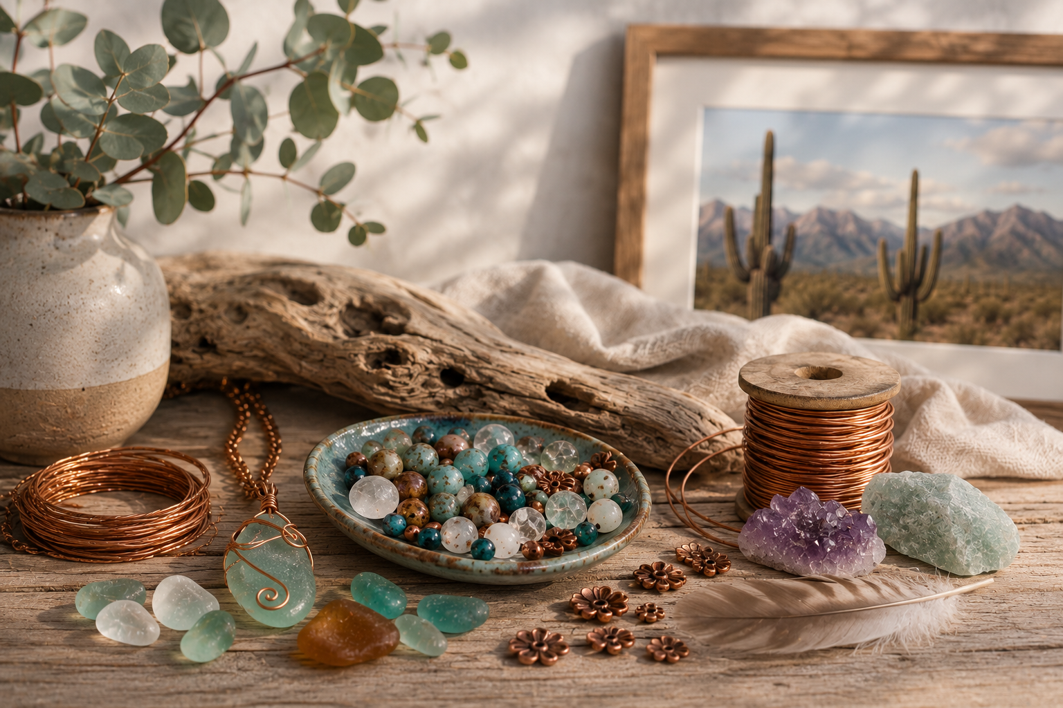 A rustic table displays jewelry-making supplies including beads, copper wire, and sea glass, with a framed desert landscape featuring cacti and mountains in the background.