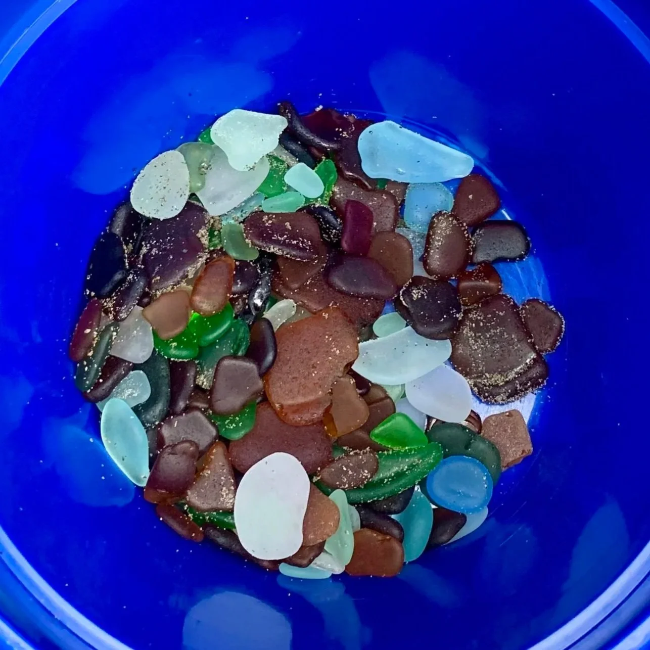 Sea glass in shades of green, blue, and amber collected in a blue bucket.