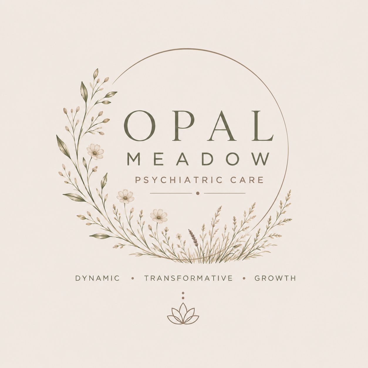 Logo for Opal Meadow Psychiatric Care with a floral design, featuring the words 'Dynamic,' 'Transformative,' and 'Growth'.