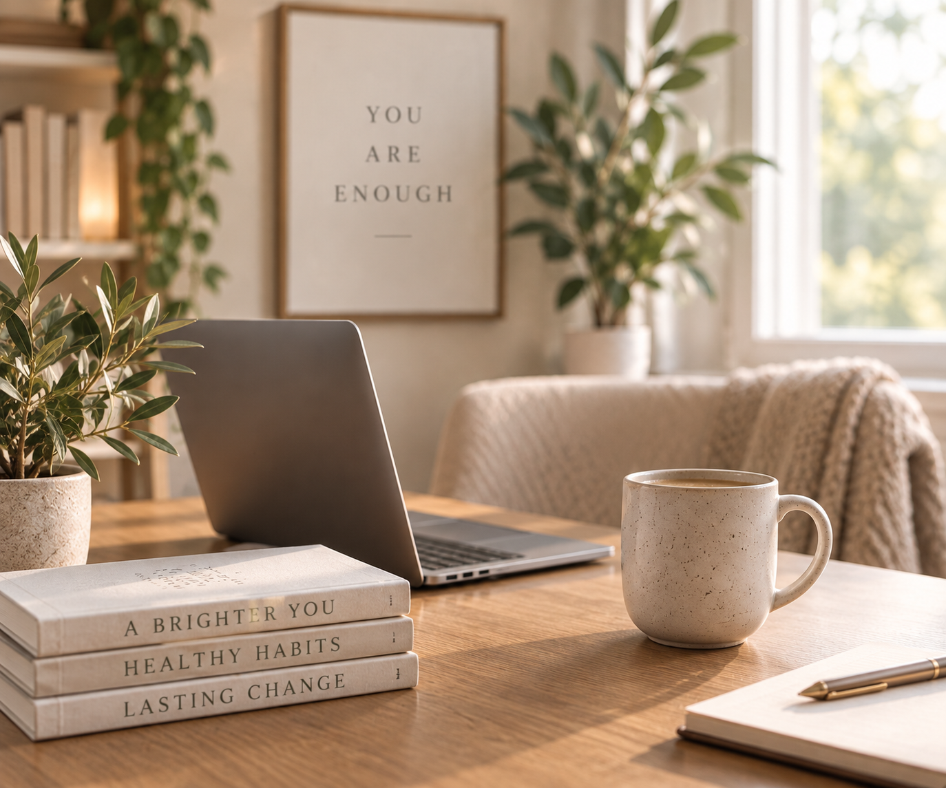 A cozy home workspace with a wooden desk, a laptop, a stack of motivational books, a mug, an open notebook with a pen, and potted plants. In the background, a framed quote reads 'You are enough,' and sunlight streams through the window.