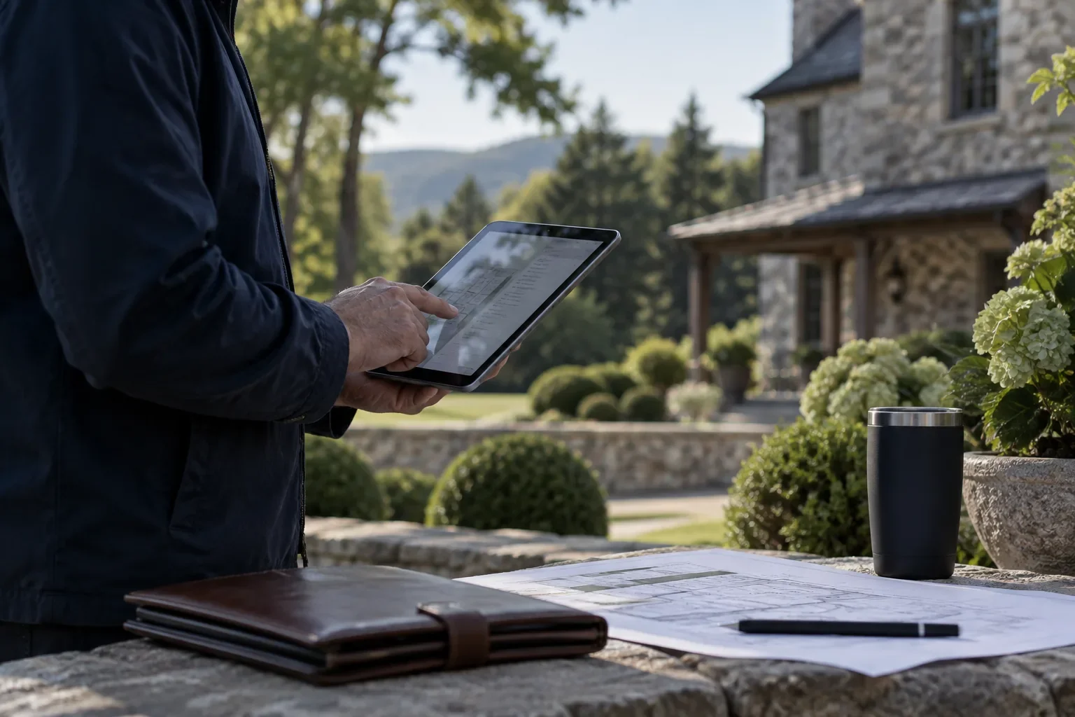 Estate manager reviewing property plans at a private Hudson Valley estate