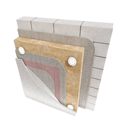 Cross-section of a wall showing multiple layers of insulation, sheathing, and framing materials.