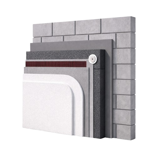 Cross-section of a wall showing different layers of construction, including bricks, insulation, and exterior panels.