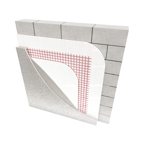 Diagram of wall insulation layers, including concrete blocks, exterior insulation, and interior insulation with red grid pattern.